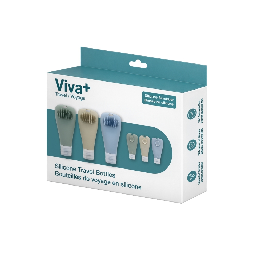 Image Ensemble de 3 bouteilles de voyage en silicone – 90 ml (3,2 oz) – bleu, vert et beige